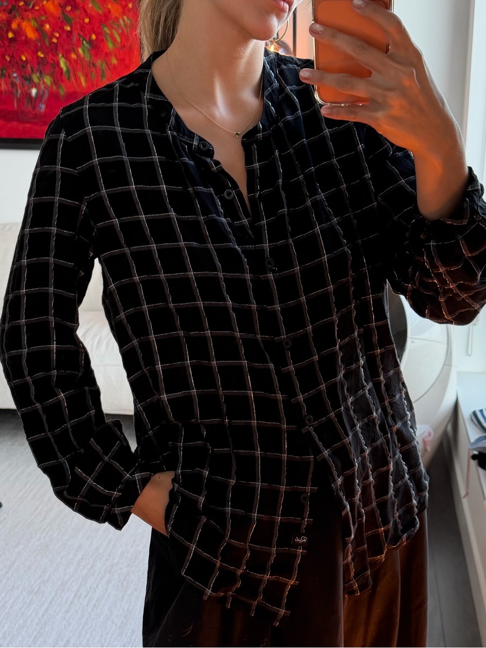 Rails Eloise Metallic Windowpane Plaid Button Front Shirt Black Charcoal M